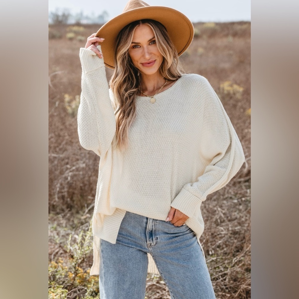 Cupshe Sweater Women’s Medium Oversized Cream Knit Relaxed Fit Pullover Boho